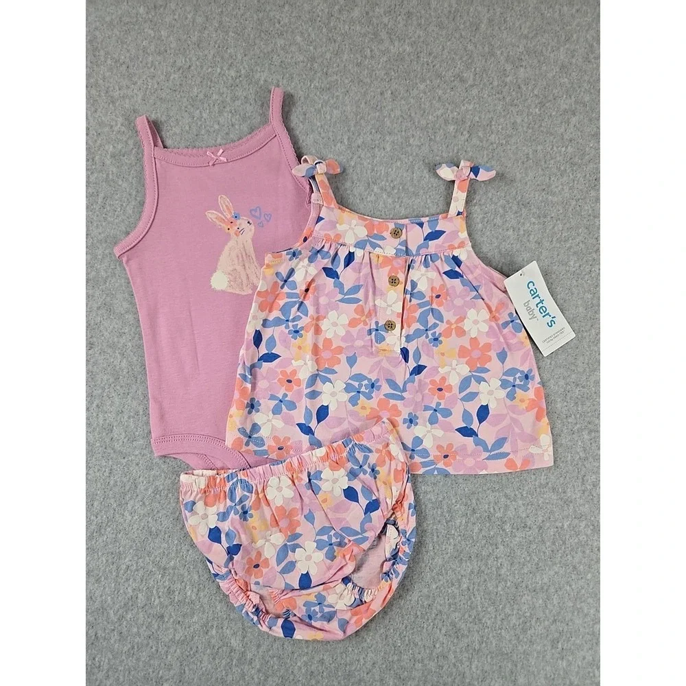 Carter's Baby Girls Size 6 Months 3 pc Top Bodysuit & Shorts Bunny Outfit NEW